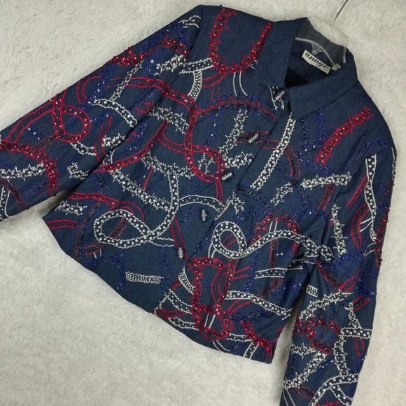 Vintage Anage Womens Suit Jacket Beaded Embroidered Sequins Red White Blue L - Picture 11 of 15